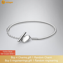 925 Sterling Silver Moments Heart T-Bar Snake Chain Bracelet Friendship Bangles for Women Jewelry Making Gift