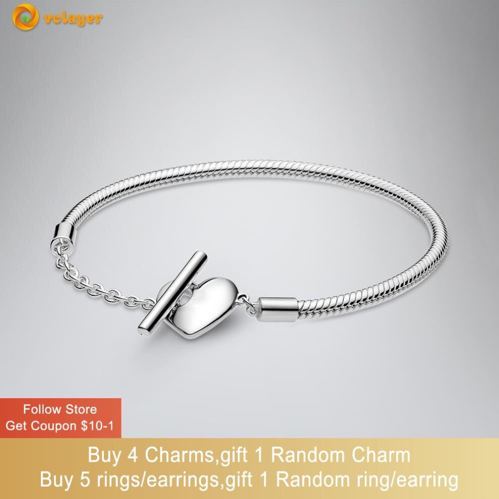 925 Sterling Silver Moments Heart T-Bar Snake Chain Bracelet Friendship Bangles For Women Jewelry Making Gift Multicoloured