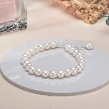 (White-16cm) AA 6-7mm Freshwater Cultured 6-8mm Pearl Bracelet Charms,925 Sterling Silver Pearl Bracelets for Women Girls