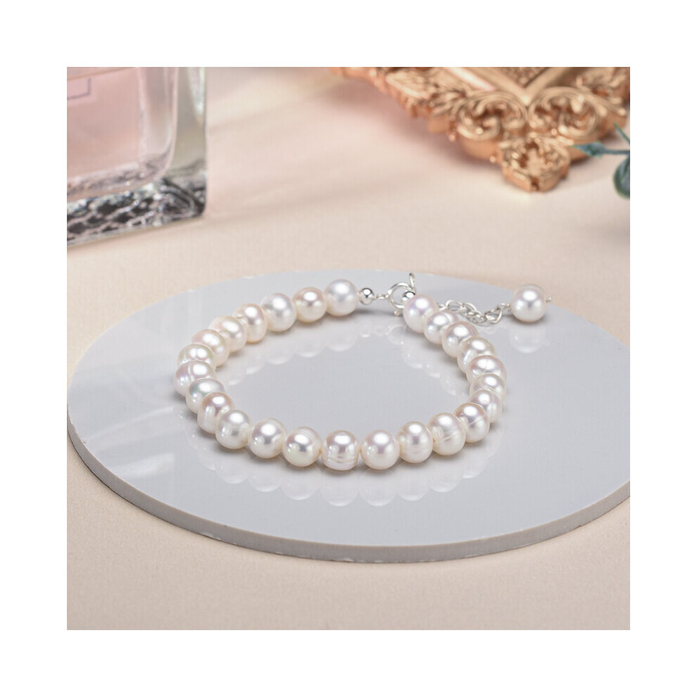 (White-16cm) AA 6-7mm Freshwater Cultured 6-8mm Pearl Bracelet Charms,925 Sterling Silver Pearl Bracelets for Women Girls
