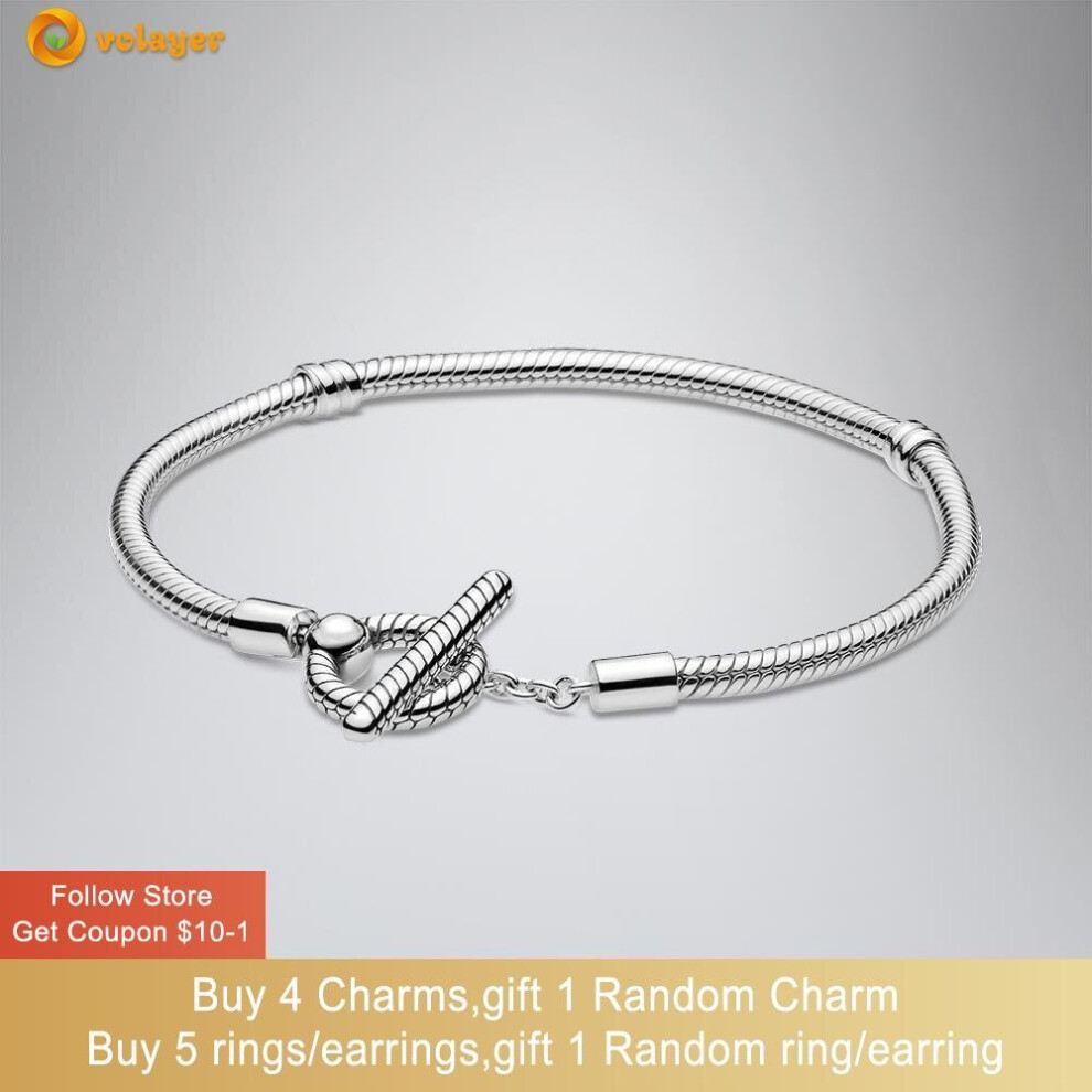 925 Sterling Silver Bracelets Pan Moments T-Bar Snake Chain Bracelet Friendship Bangles For Women Jewelry Making Gift Multicoloured