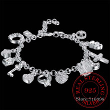 925 Sterling Silver 13 Charms Cross Lock Key Heart Star Moon Flower Zircon Bracelet Bangle Women's Fine Jewelry Accessories