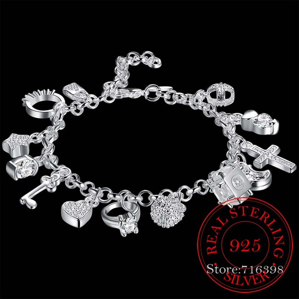 925 Sterling Silver 13 Charms Cross Lock Key Heart Star Moon Flower Zircon Bracelet Bangle Women's Fine Jewelry Accessories Multicoloured