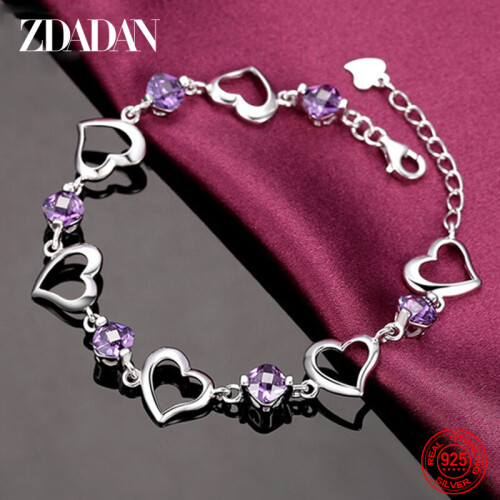 925 Sterling Silver Amethyst Heart Bracelet For Womens Adjustable Party Jewelry