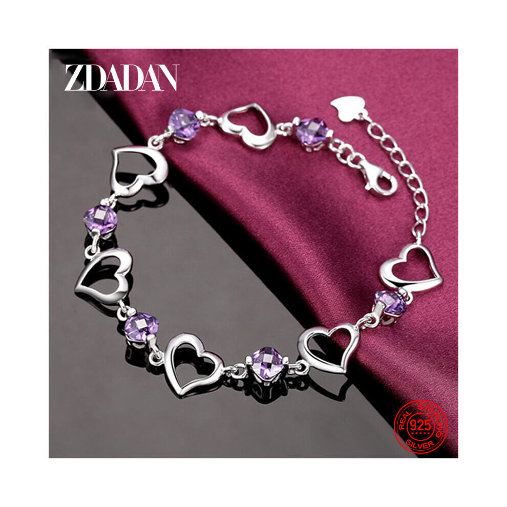 925 Sterling Silver Amethyst Heart Bracelet For Womens Adjustable Party Jewelry Multicoloured