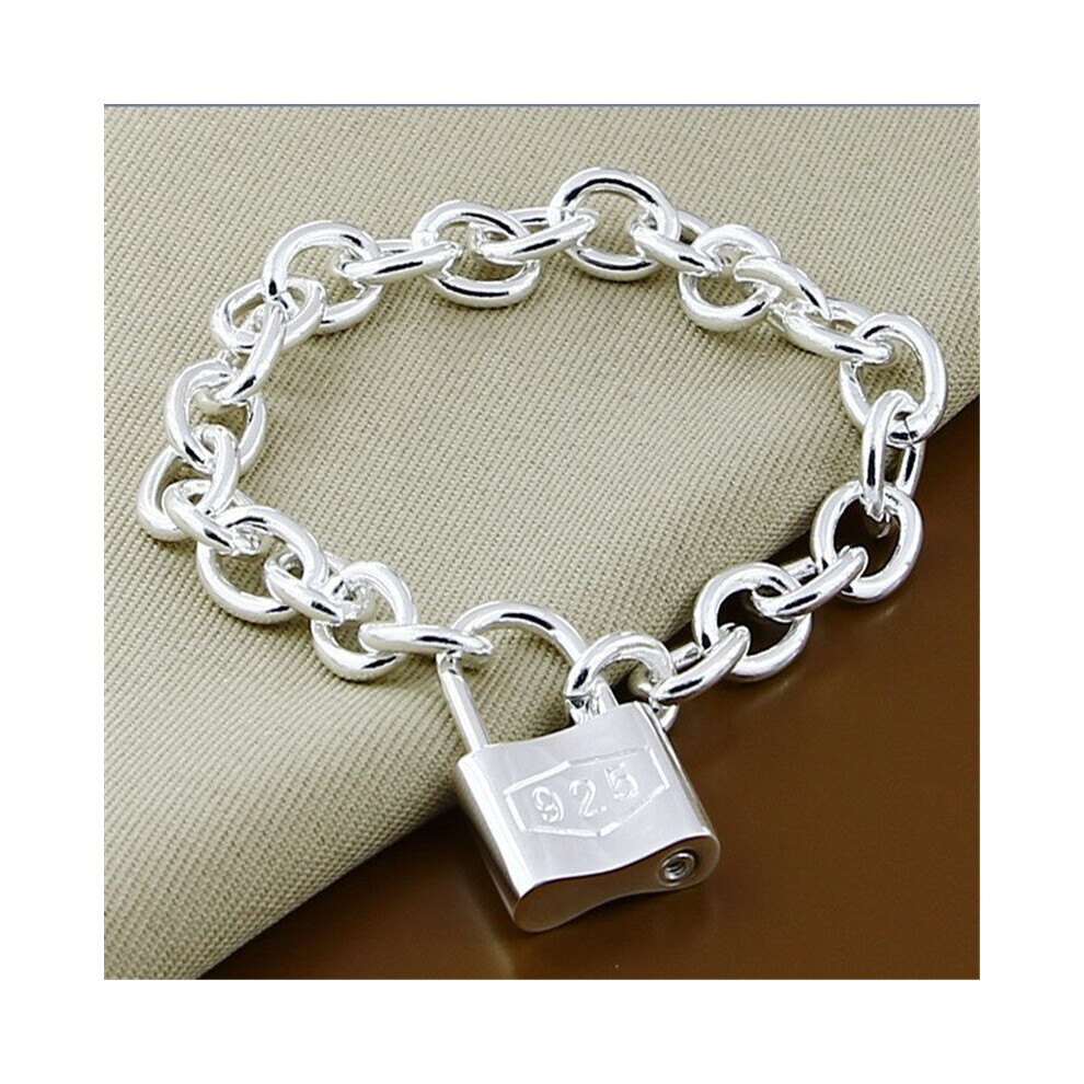 925 Sterling Silver Square Lock Link Chain Bracelet For Men Women Jewelry