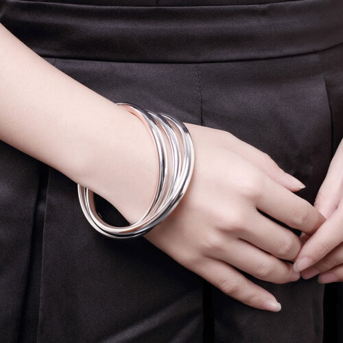 925 Sterling Silver Bracelet Bangles Women Three Lines Smooth High Solid Bracelet Bangles Jewelry 2