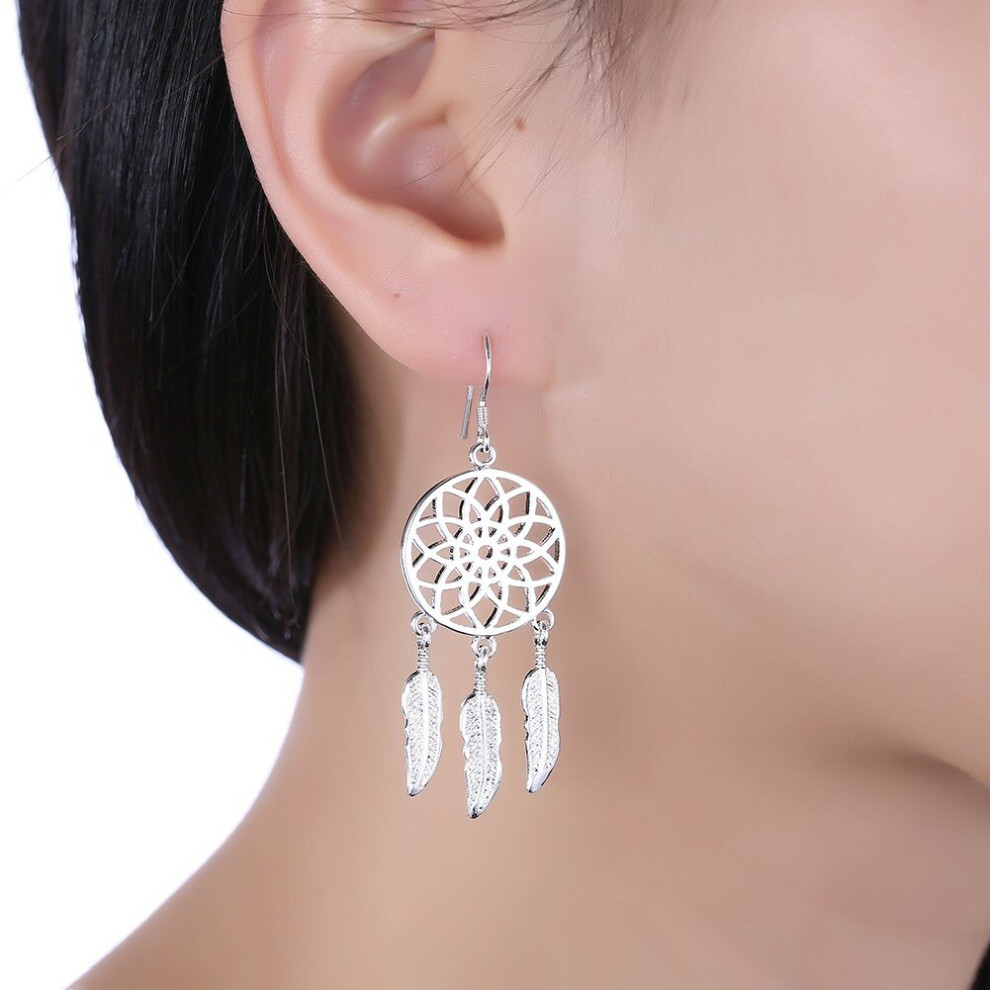 Fine 925 Sterling Silver Fine Dream Catcher Feathers Earrings For Woman Party Wedding Jewelry Multicoloured