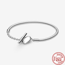 (GDL064 White-18cm) Charms 925 Sterling Silver Bracelet Heart T-Bar Cuff Chain Sparkling Disc Clasp Snake Chain Bracelet Women DIY Jewelry Gift