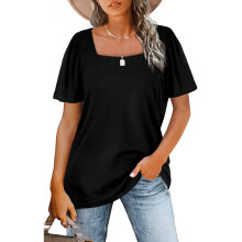 (Black, L) T Shirts for Women Square Neck Tops Puff Sleeve