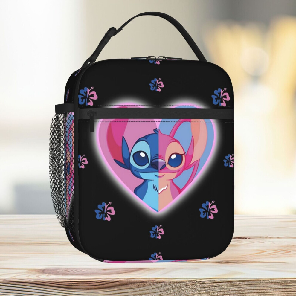 Lunch Bag Stitch And Angel One Inside A Heart And Around Hawaiian Flowers, Lilo And Stitch Backpack. Tote Insulated Cooler Kids School Travel