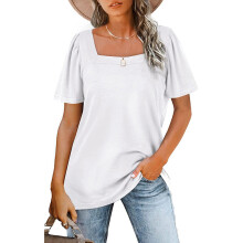 (White, L) T Shirts for Women Square Neck Tops Puff Sleeve