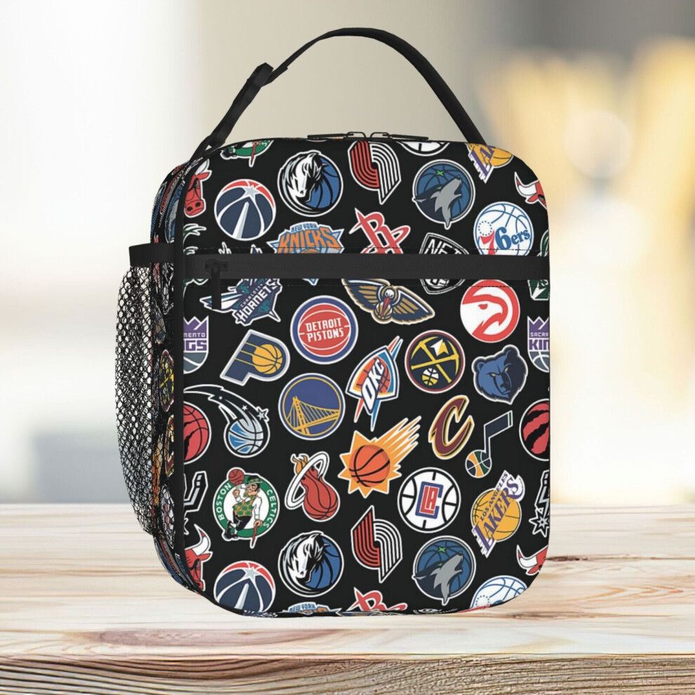 Lunch Bag NBA Teams Seamless Pattern Black Tote Insulated Cooler Kids School Travel