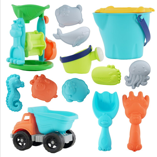 The Magic Toy Shop Kids Beach Truck Set Sandpit Toys Water Mill Moulds Outdoor Play Accessories