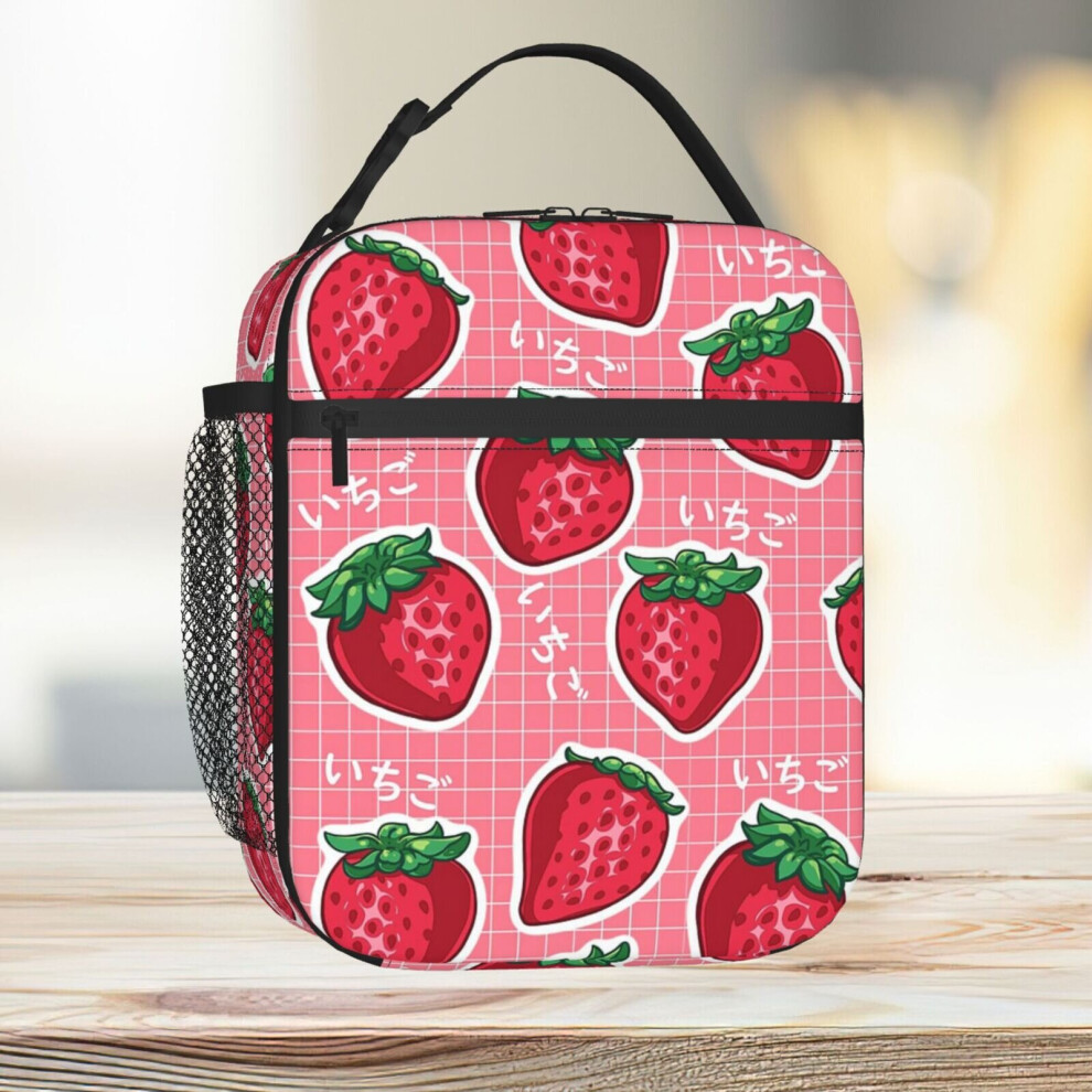 Lunch Bag Cute Japanese Strawberry Pattern Tote Insulated Cooler Kids School Travel