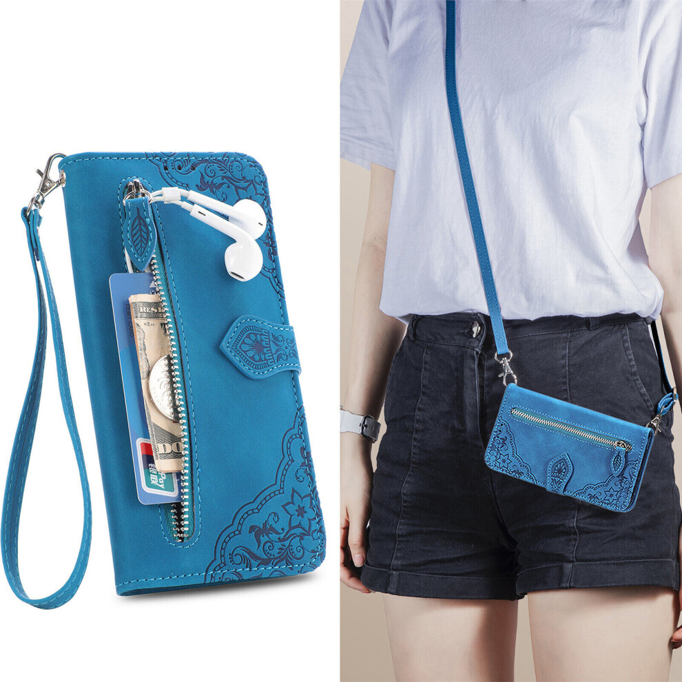 Case for Samsung Galaxy A33 5G Forest series Zipper Wallet Cover Lanyard Crossbody Neck Strap - Blue