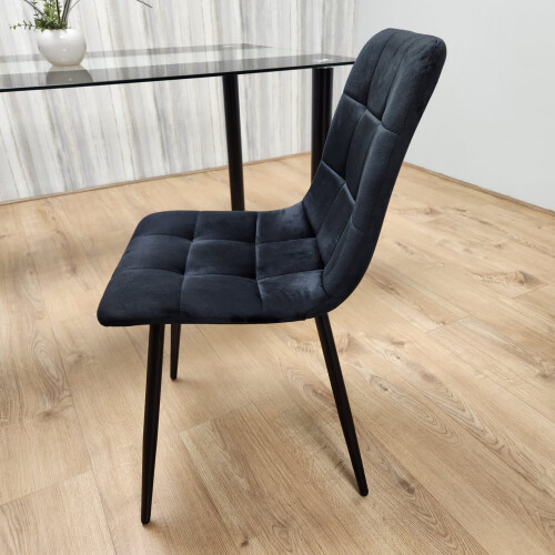 Black Clear Glass Dining Table With 4 Black Tufted Velvet Chairs Set 2