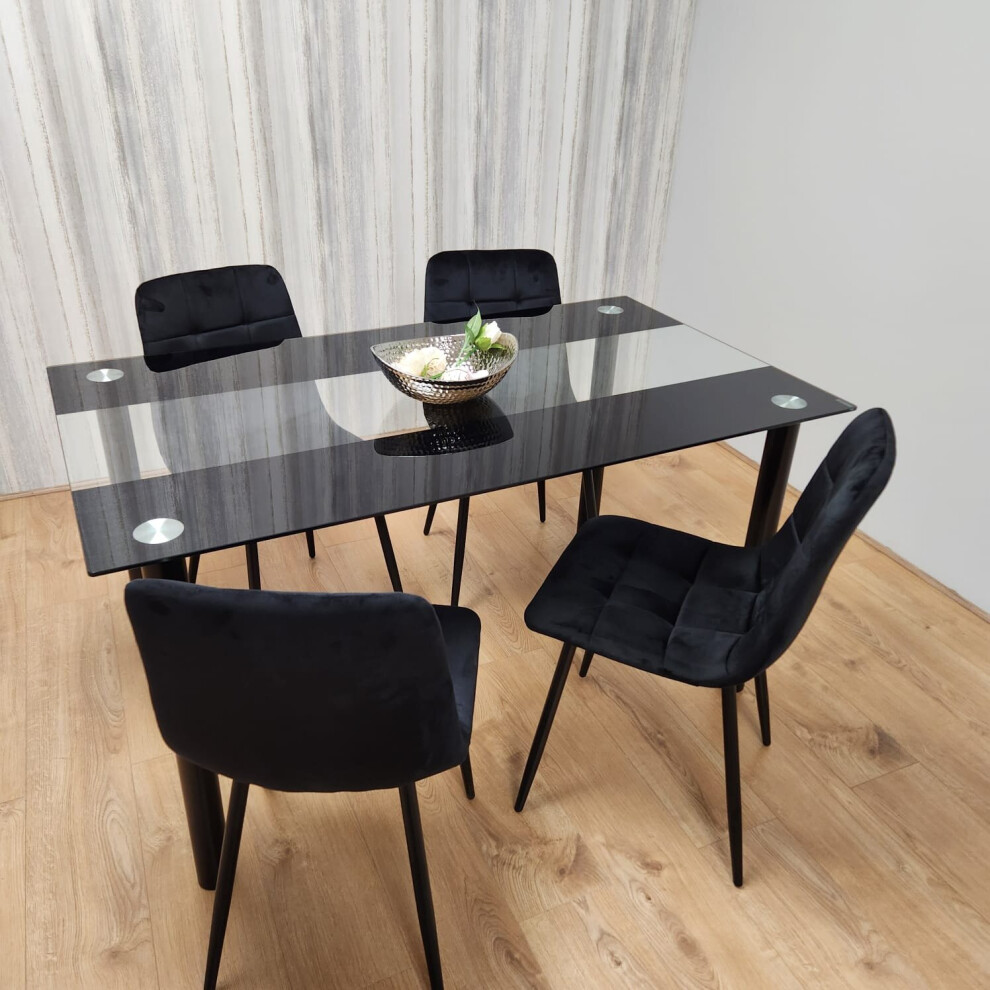 Black Clear Glass Dining Table With 4 Black Tufted Velvet Chairs Set