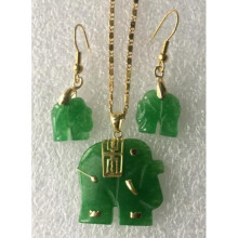Charming! Natural 14KGP Green Jade Elephant Pendant Necklace Earring Set