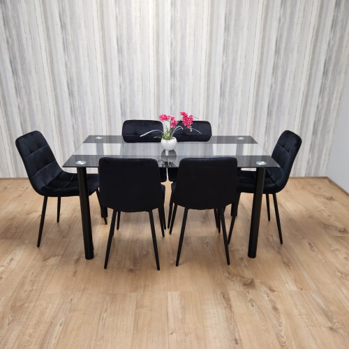 Black Clear Glass Dining Table With 6 Black Tufted Velvet Chairs Set