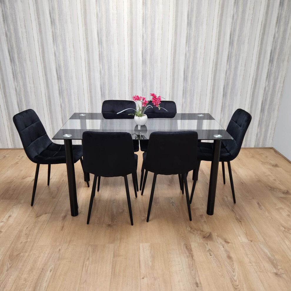 Black Clear Glass Dining Table With 6 Black Tufted Velvet Chairs Set