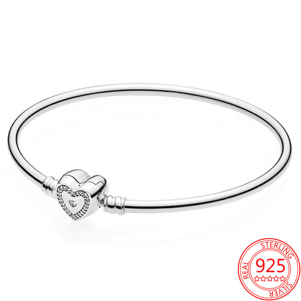 (01 White-18cm) 100% Real 925 Sterling Silver DIY Moment Classic Rose Buckle Rigid Round & Heart-Shaped Bangle Birthday Bracelet Gift Women-image-OPC-PBSDTWB-NEW