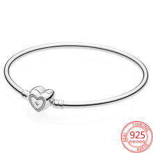 (01 White-20cm) 100% Real 925 Sterling Silver DIY Moment Classic Rose Buckle Rigid Round & Heart-Shaped Bangle Birthday Bracelet Gift Women