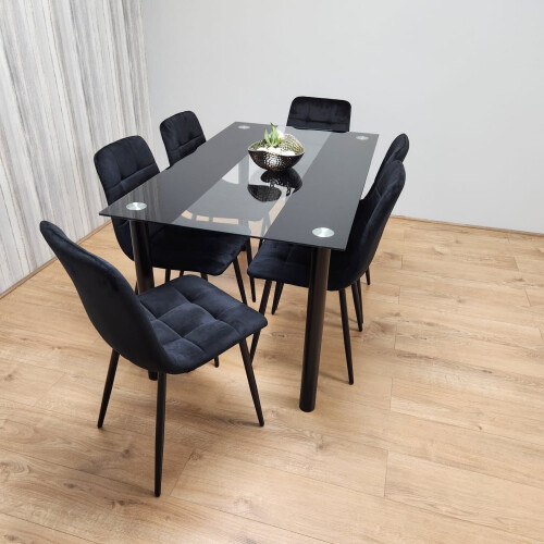 Black Clear Glass Dining Table With 6 Black Tufted Velvet Chairs Set 1