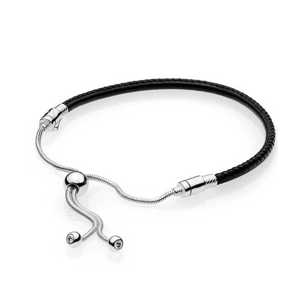 Moments Leather With Adjustable Sliding Snake Chain 925 Sterling Silver Bracelet Fit Bangle Bead Charm Diy Jewelry