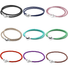 Multicolor Woven Leather Bracelet with Barrel & Ball Clasp, 925 Sterling Silver Bead Charms, Snake Chain, European Fit, Various Lengths