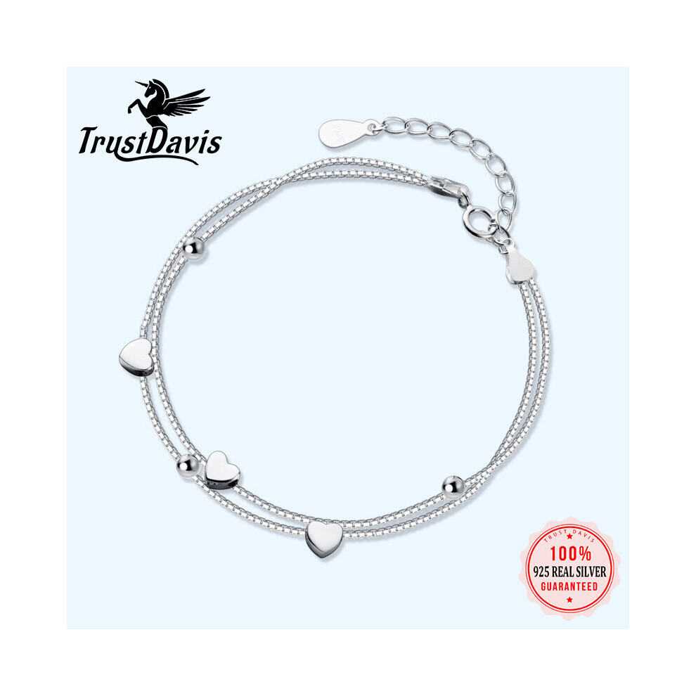 TrustDavis 925 Sterling Silver Double Layer Chain Heart Beads Bracelet For Women Sterling Silver Wedding's DA418-image-OPC-PBSF6YH-NEW