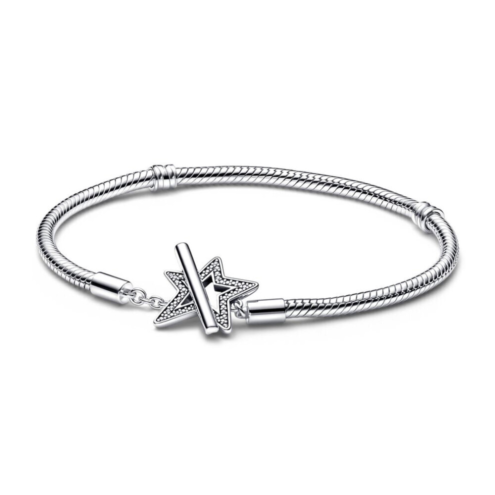 925 Sterling Silver Asymmetric Star T-bar Snake Chain Bracelet Fit Women Bead Charm Jewelry