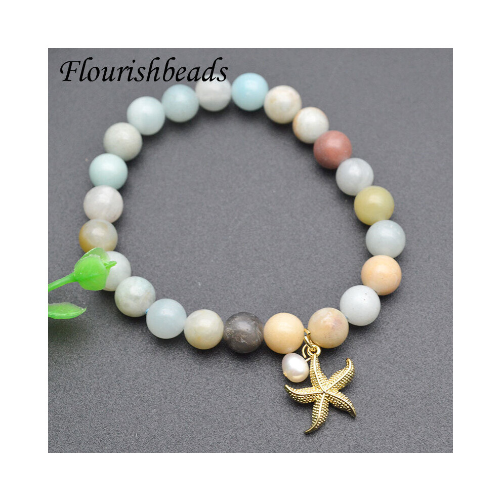 Healing Lucky Mix Amazonite Beads Metal Starfish Conch Charm Stretch Bracelet for Women Bracelet Jewelry-image-OPC-PBSFB5F-NEW