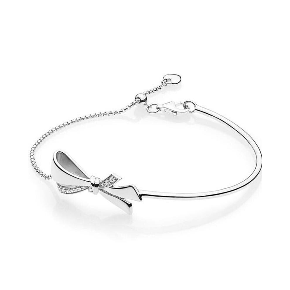 925 Sterling Silver Moments Brilliant Bow Ball Clasp Adjust Bracelet Bangle Fit Bead Charm Diy Jewelry