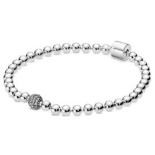 925 Sterling Silver Pan Bracelet Smooth Beads & Pave Crystal Ball Bracelet Fit Bead Charm Diy Jewelry