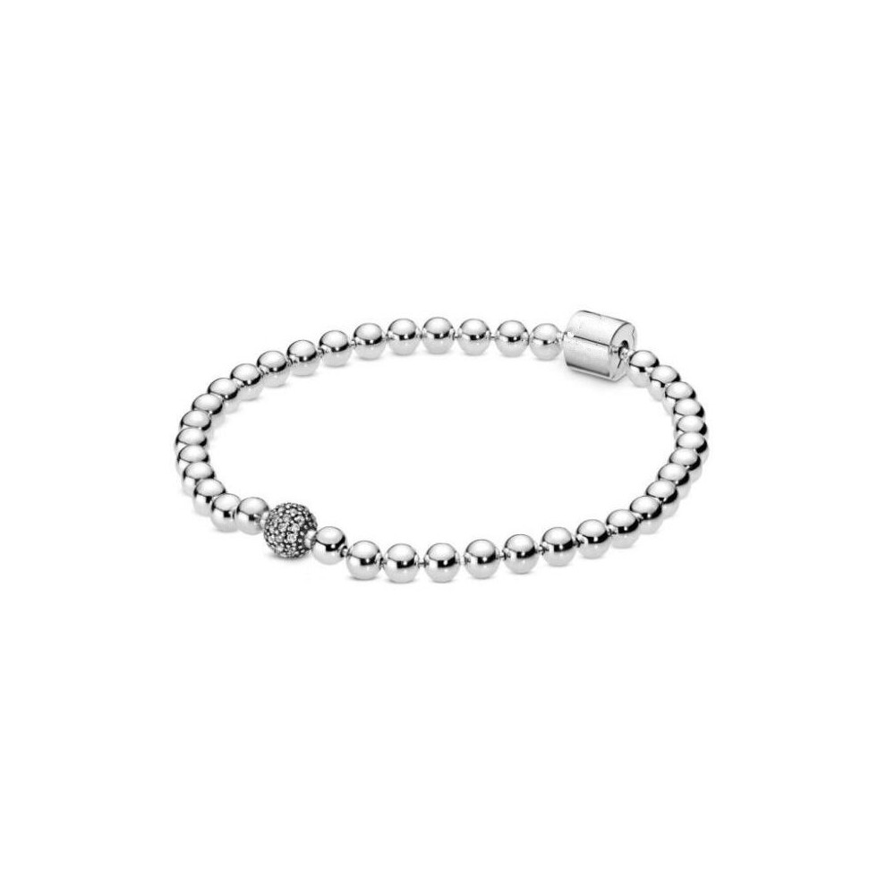 925 Sterling Silver Pan Bracelet Smooth Beads & Pave Crystal Ball Bracelet Fit Bead Charm Diy Jewelry