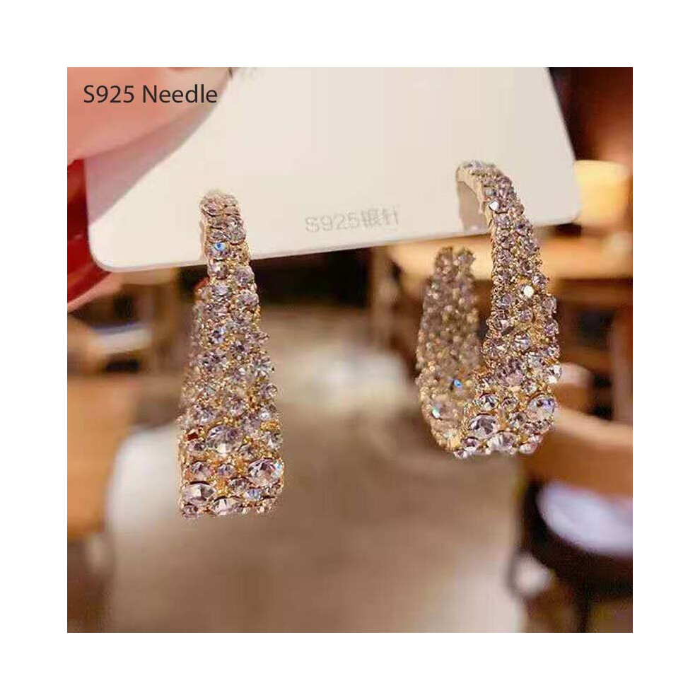 925 Sterling Silver Needle Hoop Earrings for Women Jewelry Clear Crystal Rhinstone Round Hoop Female Earrings