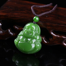 Chinese Xinjiang green Jade Maitreya Buddha Pendant Hand Carving Necklace Amulet Luck Men Sweater Chain Rope