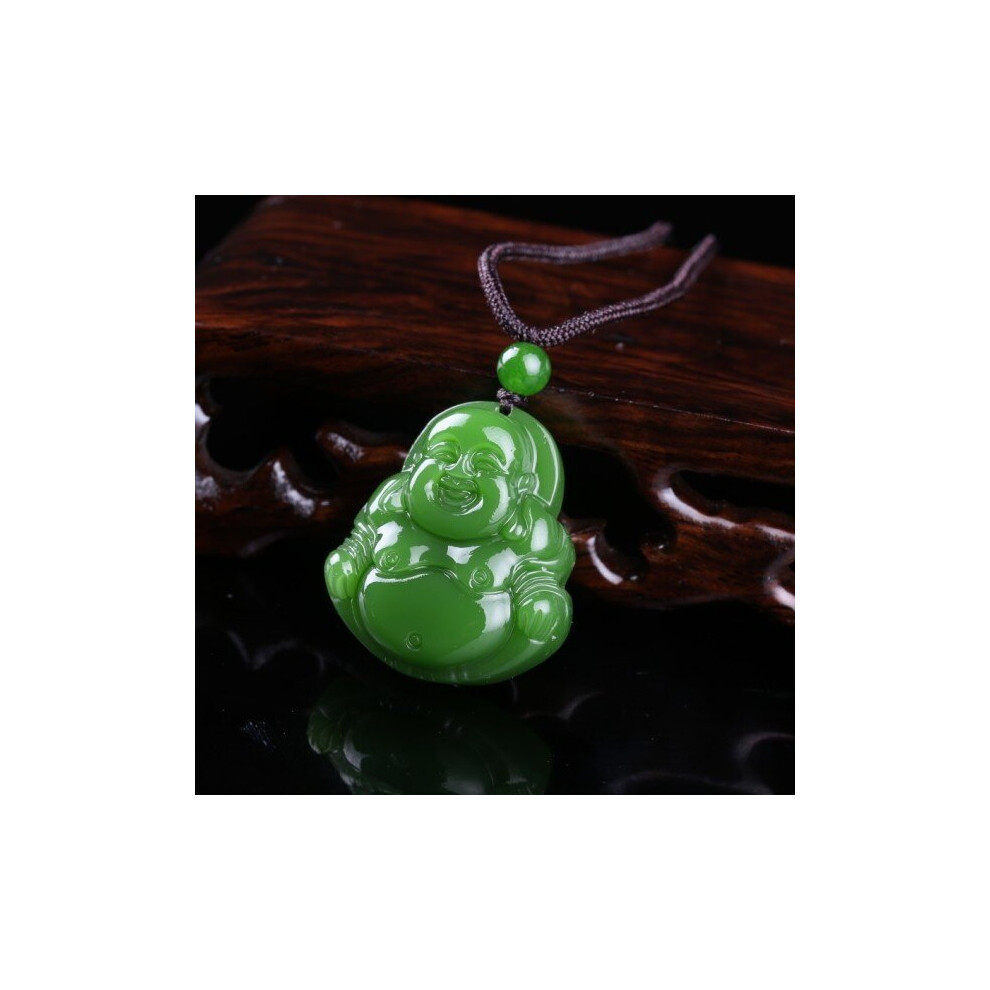 Chinese Xinjiang green Jade Maitreya Buddha Pendant Hand Carving Necklace Amulet Luck Men Sweater Chain Rope