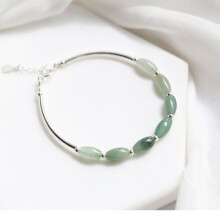 925 Silver Long Green Aventurine Tube Nature Semi-precious Gemstone Beaded Bracelet Bangle Women Stone Bangles For Mother Gift