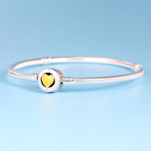 100%925 Yellow Heart Buckle Pan Bracelet in Sterling Silver for Women Beaded Diy European Jewellery