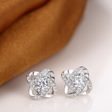 Yuzuk Created Moissanite Flower Top Stud Earrings - 925 Sterling Silver, White/Purple, Fine Wedding Jewelry