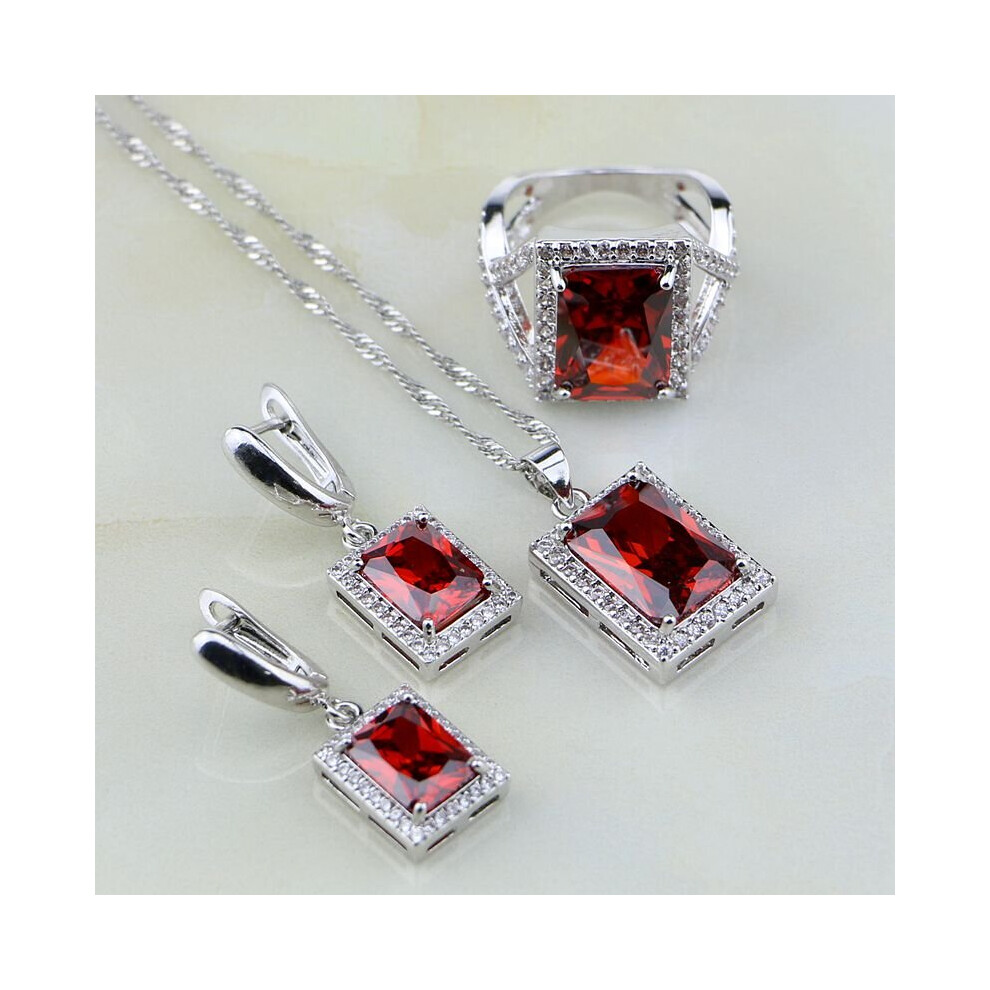 Natural Square Red Garnet Cubic Zirconia CZ Sterling Silver Jewelry Sets For Women Wedding Earring/Pendant/Necklace/Ring