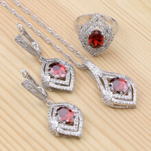 (Red-6) 925 Sterling Silver Jewelry Sets Red Cubic Zirconia Pendant Necklace Ring Earrings For Women Accessories