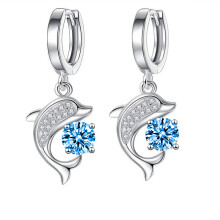 Classic 925 Sterling Silver Fish Dolphin Colorful Zircon Hoop Earrings Buckle for Women Fine Jewelry Drop