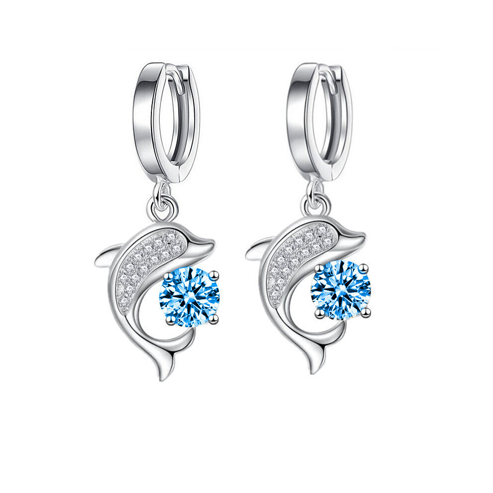 Classic 925 Sterling Silver Fish Dolphin Colorful Zircon Hoop Earrings Buckle for Women Fine Jewelry Drop