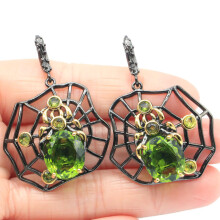 47x33mm Unique 13.5g Pendant Spider For Men Created Green Peridot Silver Pendant Earrings Jewelry Set Hiphop