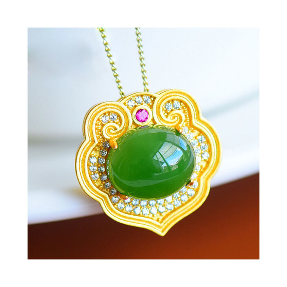 Ancient craft inlaid zircon natural Hetian jade oval green necklace pendant light ladies silver jewelry-image-OPC-PBSGJ5V-NEW
