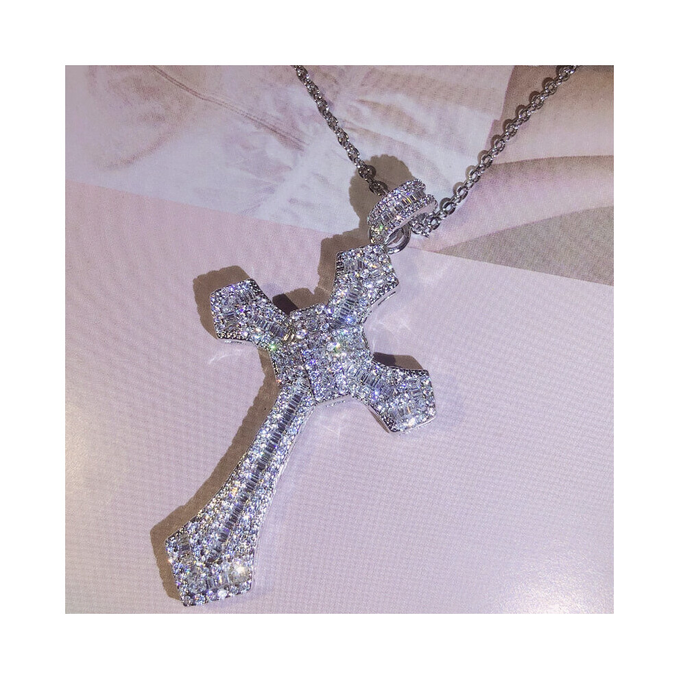 925 Silver Classic Cross Pendant Silver Statement Necklace With Zircon Stone Long Chain Necklace for Women Man Religious