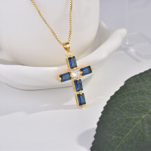 Real Solid 18k Yellow Cross Pendant Necklace for Men and Women Sapphire Pendant Jesus Christ Fine Jewelry